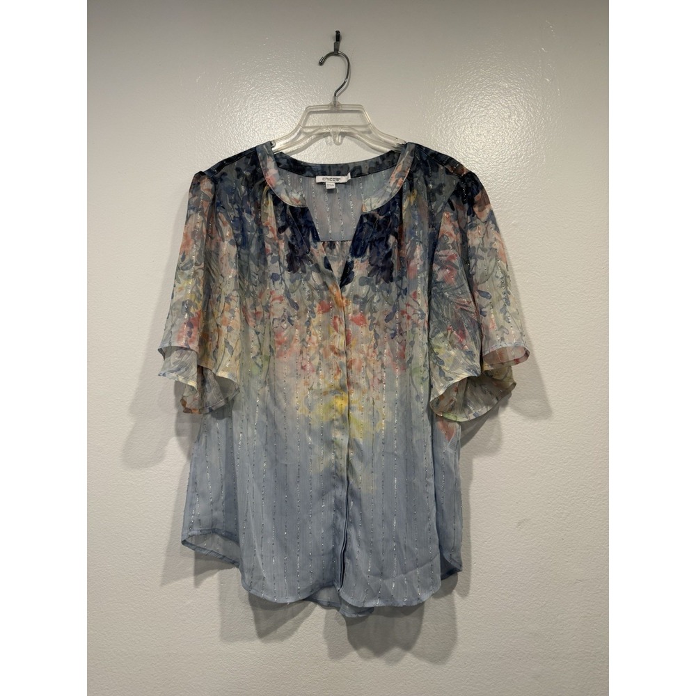 Chicos Jaquard Blouse Size 2 Sheer Whimsical Boho Flutter Sleeve Fairy Boho Chic